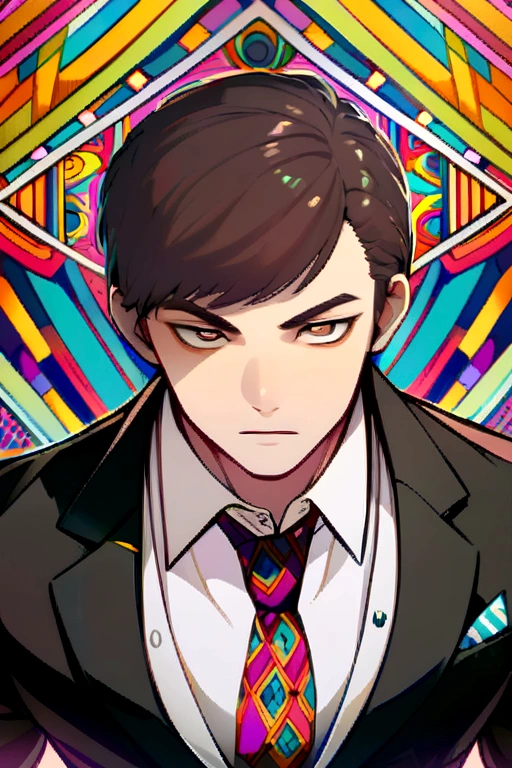 boy with short hair with dark brown eye color wears a suit and is a little muscular and is religious
