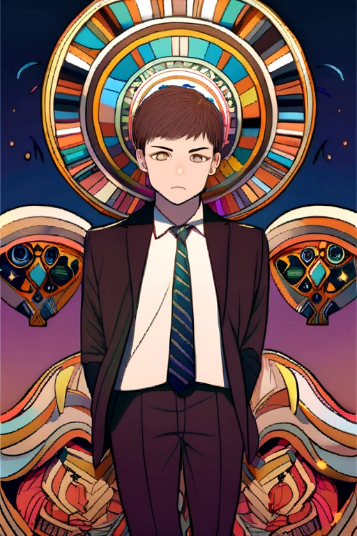 boy with short hair with dark brown eye color wears a suit and is a little muscular and is religious
