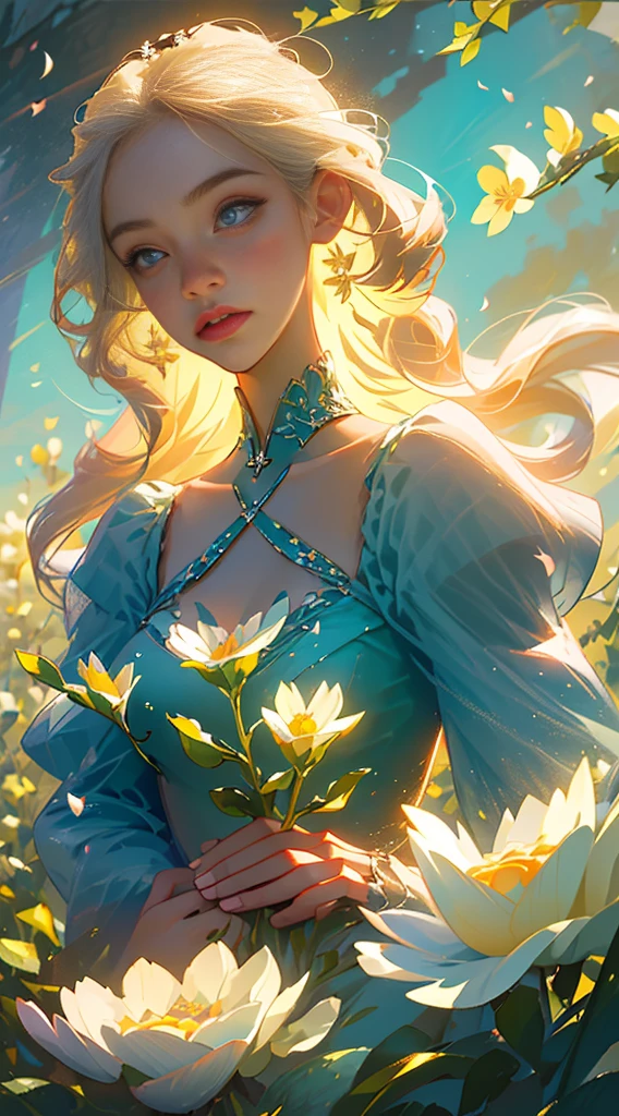 (Masterpiece, Best quality), 1girl, graceful-pose, sparkling-particles, gentle-wind, vibrant-flowers, upper-body, sky-background, gazing-at-the-viewer, focus-on-the-face, blonde, superior-beauty, celestial-beauty, beautiful-woman, radiant-complexion, sunny-weather, colorful-flowers, majestic-scenery.
(Detailed texture: 1.3), (delicate petals: 1.4), (kissing-breeze: 1.5), (luminous-lighting: