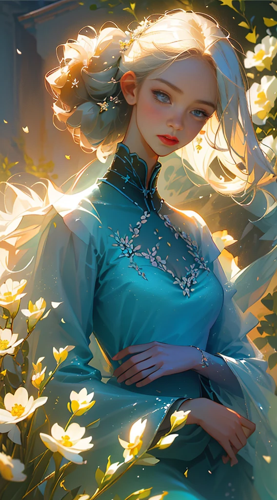 (Masterpiece, Best quality), 1girl, graceful-pose, sparkling-particles, gentle-wind, vibrant-flowers, upper-body, sky-background, gazing-at-the-viewer, focus-on-the-face, blonde, superior-beauty, celestial-beauty, beautiful-woman, radiant-complexion, sunny-weather, colorful-flowers, majestic-scenery.
(Detailed texture: 1.3), (delicate petals: 1.4), (kissing-breeze: 1.5), (luminous-lighting:
