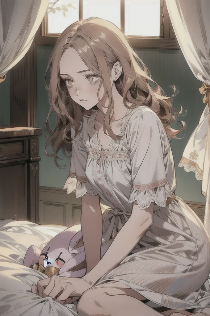 (top quality, best quality, beautiful and aesthetic:1.2), (1girl:1.3), wavy long hair, light brown hair, honey eyes, portrait, looking at viewer, solo, (full body:0.6), detailed background, close up (girly room theme:1.1), shy, sweet, sitting at bed, pink and white nightgown, bunny plushie, messy sheets, soft (room interior:1.1) background, window lacy curtains in background, morning soft lighting, wind from window