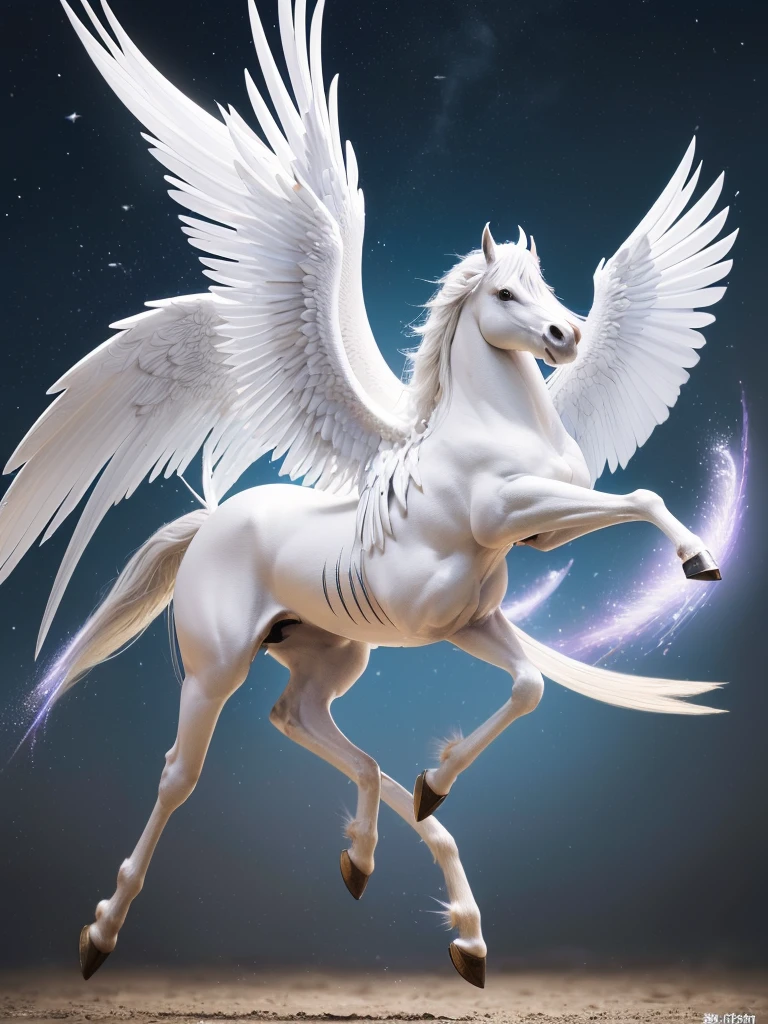 (((Highest quality, masterpiece, Ultra-high resolution, RAW Photos, 非常にdetailed, Perfect Anatomy, Pure White Pegasus,Pegasus has four legs,Pegasus has one head and one neck ,Pegasus has one feather on each side,Pegasus is pure white and has long wings..,Pegasus spreads his wings and is about to take flight:1.5,Full body photo,)))((Highest quality)), ((masterpiece)), (detailed), A pure white Pegasus is about to take flight,powerful