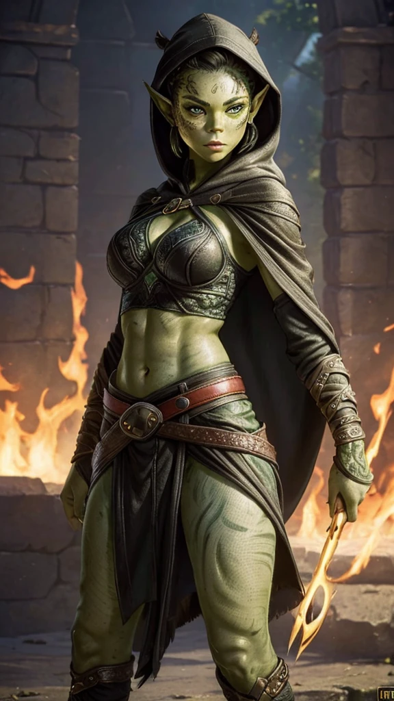 1girl, sexy githyanki, ((green skin)), black short hair bun, pointy ears, navel, midriff, breasts, cloak, cape, medium breasts, hooded cloak, belt, pouch, athletic, highly detailed face and eyes, best quality, masterpiece, realistic, anatomically correct, stunning details, intricate details, 8k post-production, high resolution, super details, trending on ArtStation, sharp focus, depth of field f/1.8, studio photos, (((looking at camera)))