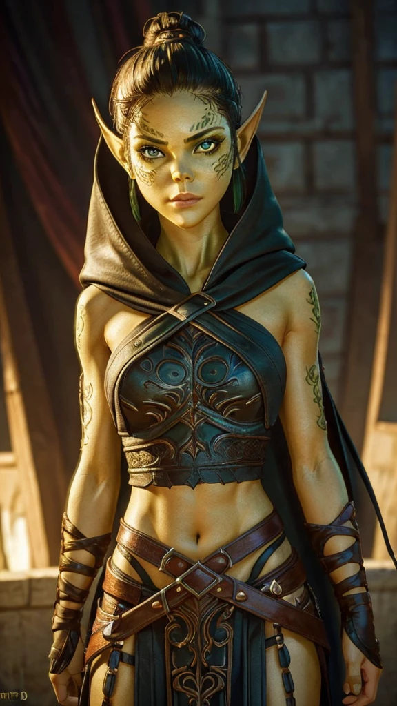 1girl, sexy githyanki, ((green skin)), black short hair bun, pointy ears, navel, midriff, breasts, cloak, cape, medium breasts, hooded cloak, belt, pouch, athletic, highly detailed face and eyes, best quality, masterpiece, realistic, anatomically correct, stunning details, intricate details, 8k post-production, high resolution, super details, trending on ArtStation, sharp focus, depth of field f/1.8, studio photos, (((looking at camera)))