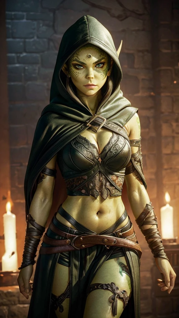 1girl, sexy githyanki, ((green skin)), black short hair bun, pointy ears, navel, midriff, breasts, cloak, cape, medium breasts, hooded cloak, belt, pouch, athletic, highly detailed face and eyes, best quality, masterpiece, realistic, anatomically correct, stunning details, intricate details, 8k post-production, high resolution, super details, trending on ArtStation, sharp focus, depth of field f/1.8, studio photos, (((looking at camera)))