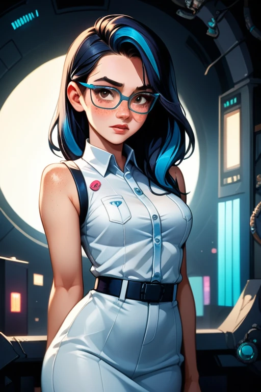 asian-caucasian woman; 31 years old; long black hair with blue highlights; almond-shaped brown eyes; pale Caucasian skin with freckled cheeks; slender build; perky breasts; form-fitting professional clothes with holographic accents; wearing thick black-rimmed glasses; anxious expression; in a futuristic apartment; futuristic; dystopian; cyberpunk; Disney-style, CGI; best quality; high definition; trending on artstation; complex volumetric lighting;