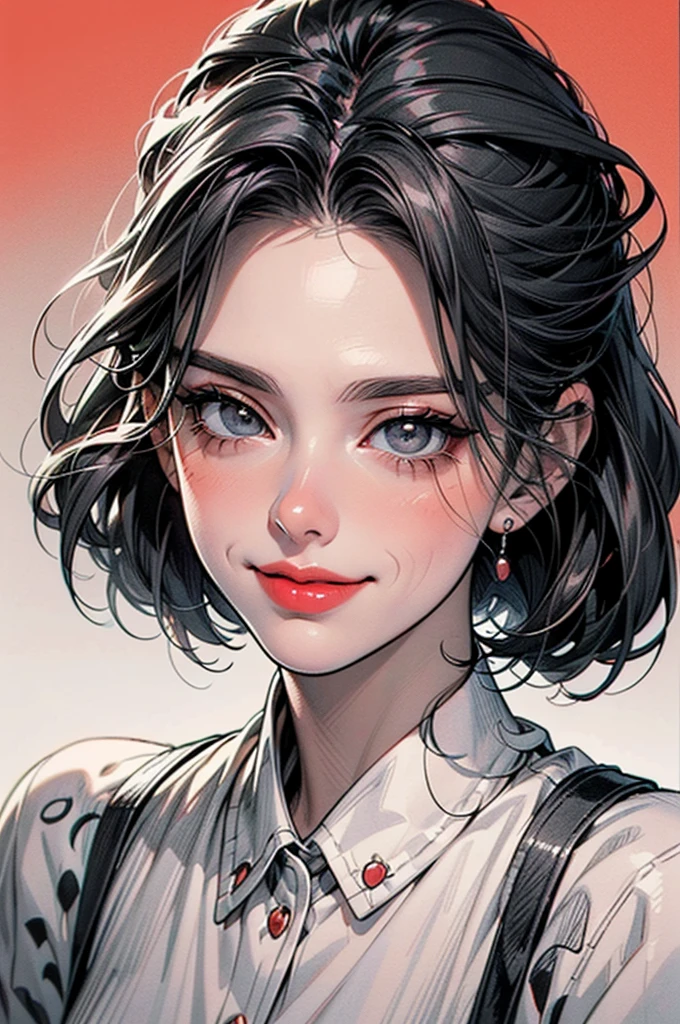 ((Manga illustration)), ((Hayley Atwell)) close up portrait ,solo , medium short hair, looking at viewer, blush , smile , happy , red lipstick,close up portrait, solo, focus on eyes, plain background, (in vector style), ((monochrome Manga drawing))