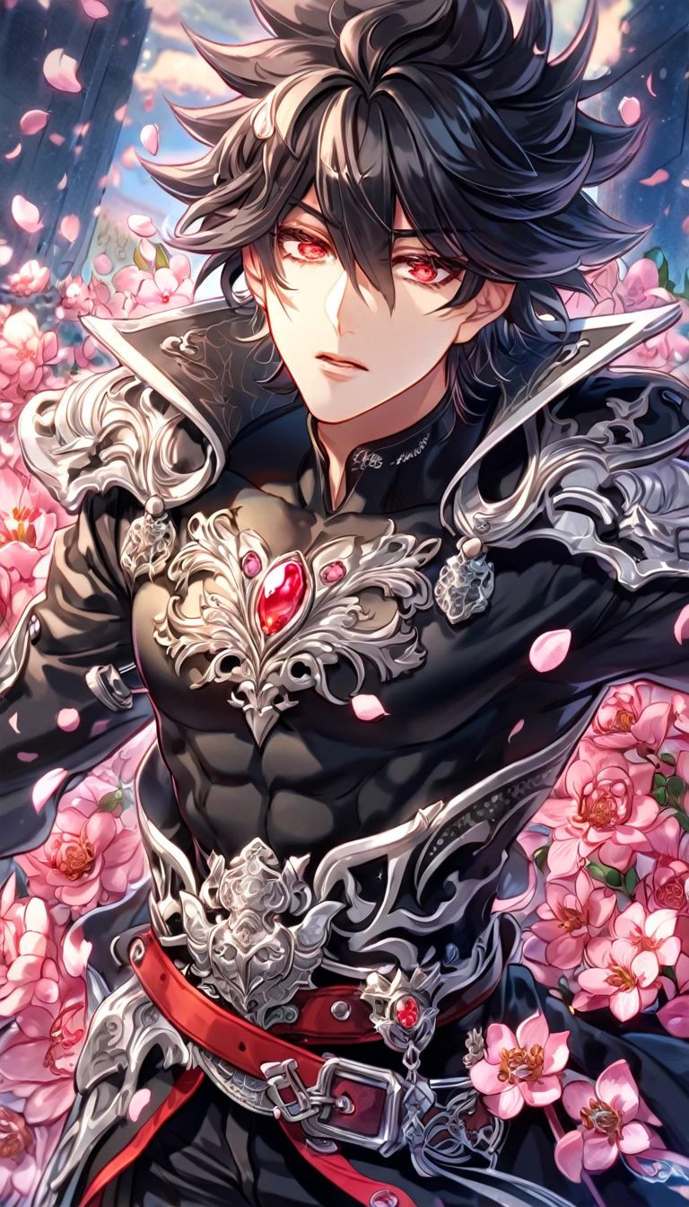 absurdres, highres, ultra detailed, HDR, master piece, best quality, Kaerius, black hair, spiked hair, hair between the eyes, expressive red eyes, Dream and Legacy, solo, sexy man, handsome, black coat, black tight T-shirt, belt around his chest, silver accessories, fantasy, shining, pink flowers, blossoms, magical, pink petals