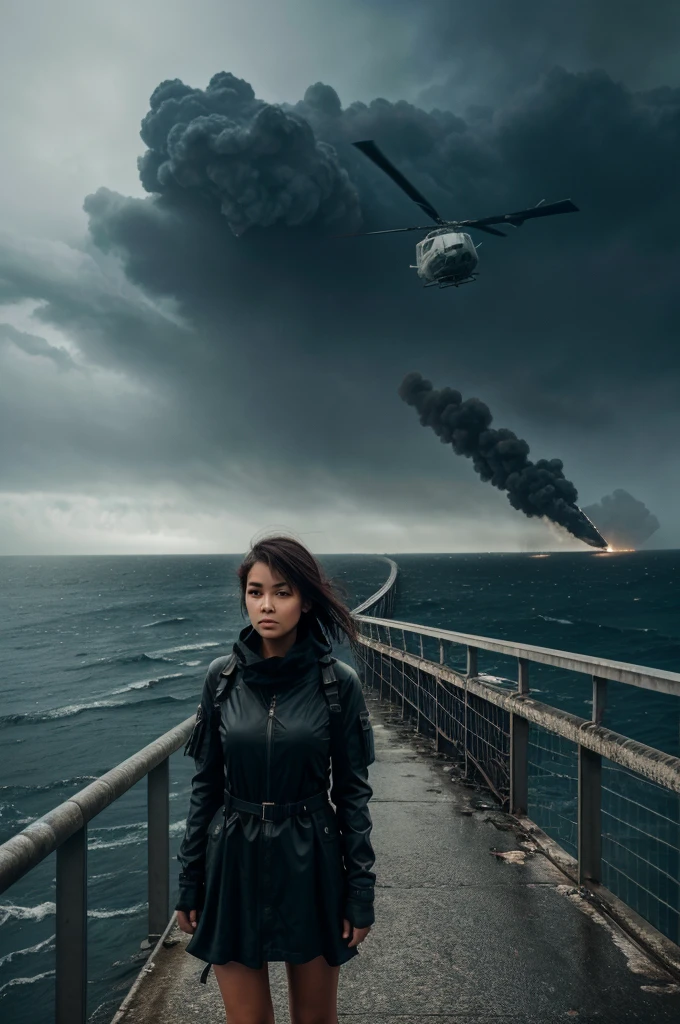 A girl standing on a bridge that is about to fall apart looking at some helicopters crashing and falling to the ocean. Dark atmosphere. Heavy wind and rain . Apocalypse. 16:9 image 