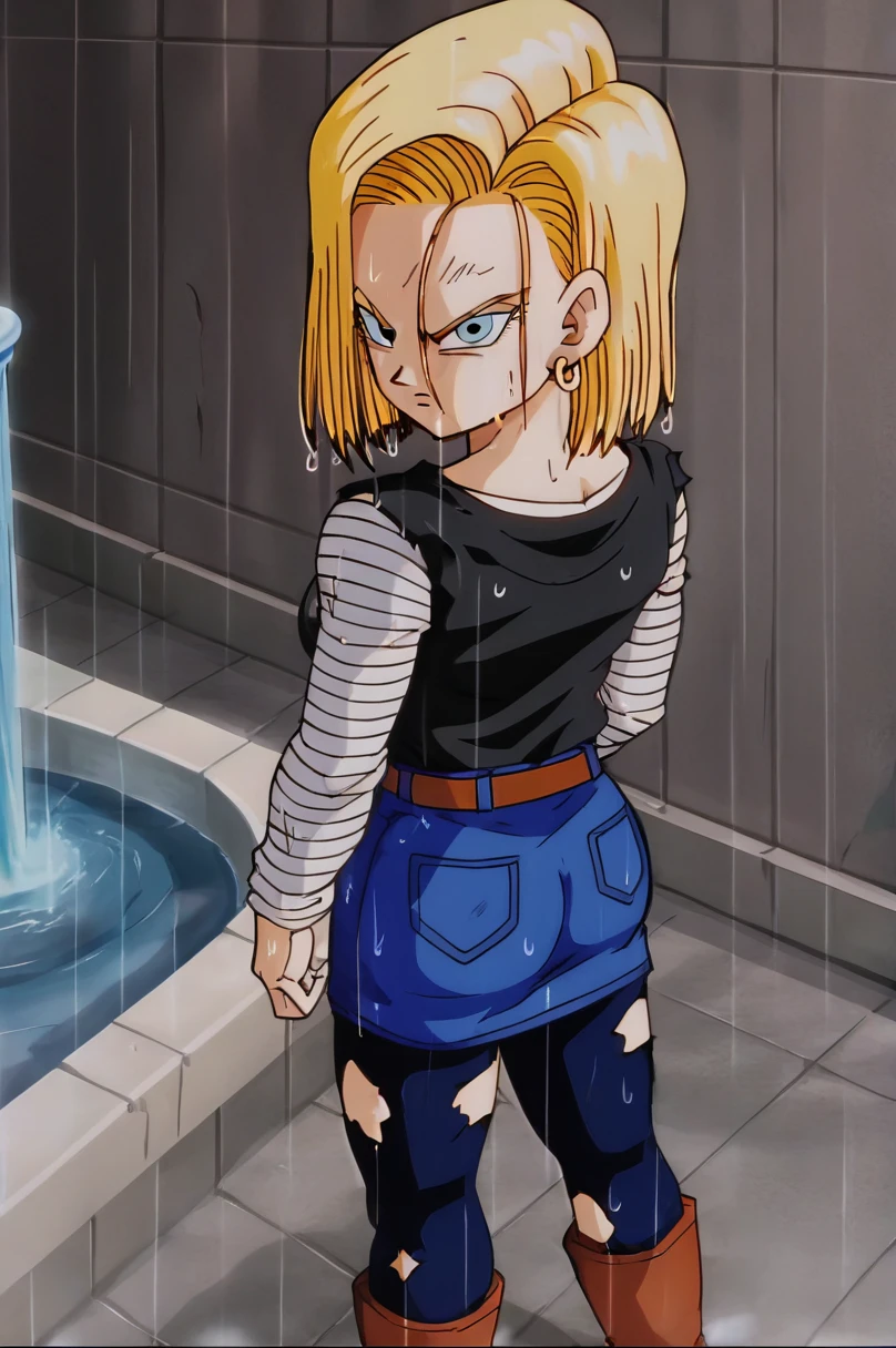 source_anime, score_9, score_8_up, score_7_up, anime screencap,
detailed face, android 18, classic look, 1girl, solo, looking at viewer, short hair, blue eyes, blonde hair, collarbone, standing, arms by side, angry, cowboy shot, fire, smoke, ruined city, wet hair, rain, torn shirt, single bare shoulder, hoop earrings, black shirt, striped sleeves, belt, denim skirt, black pantyhose, messy hair,
<lora:c18_pony_v1:0.8>