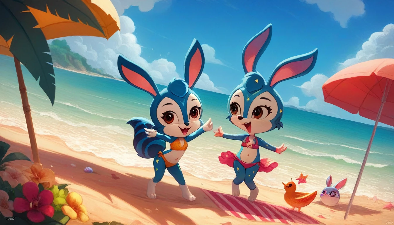 (masterpiece), ((best quality), ((high resolution)), (Extremely detailed CG unity 8k wallpaper), Three bunny girls, Animal ears,open mouth,Smile,hairy,Brown eyes,Look at each other,Look at each other,happy,Perfect hands,Perfect feet,Perfect bunny ears,兔Tail,Animal nose,Blue fur,,Blue Hair,Tail,Beach,seaside,stars and stripes bikini,Smile,Elated,hands in arms,
