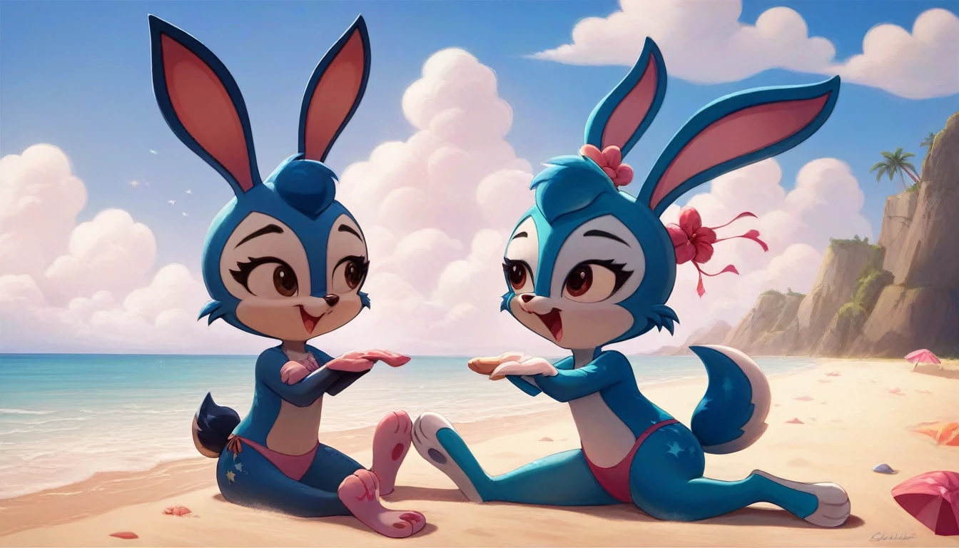 (masterpiece), ((best quality), ((high resolution)), (Extremely detailed CG unity 8k wallpaper), Three bunny girls， Animal ears,open mouth,Smile,hairy,Brown eyes，Look at each other，Look at each other，happy，Perfect hands，Perfect feet,Perfect bunny ears，兔Tail,Animal nose,Blue fur,,Blue Hair,Tail,Beach，seaside，stars and stripes bikini，Smile，Elated，hands in arms，


