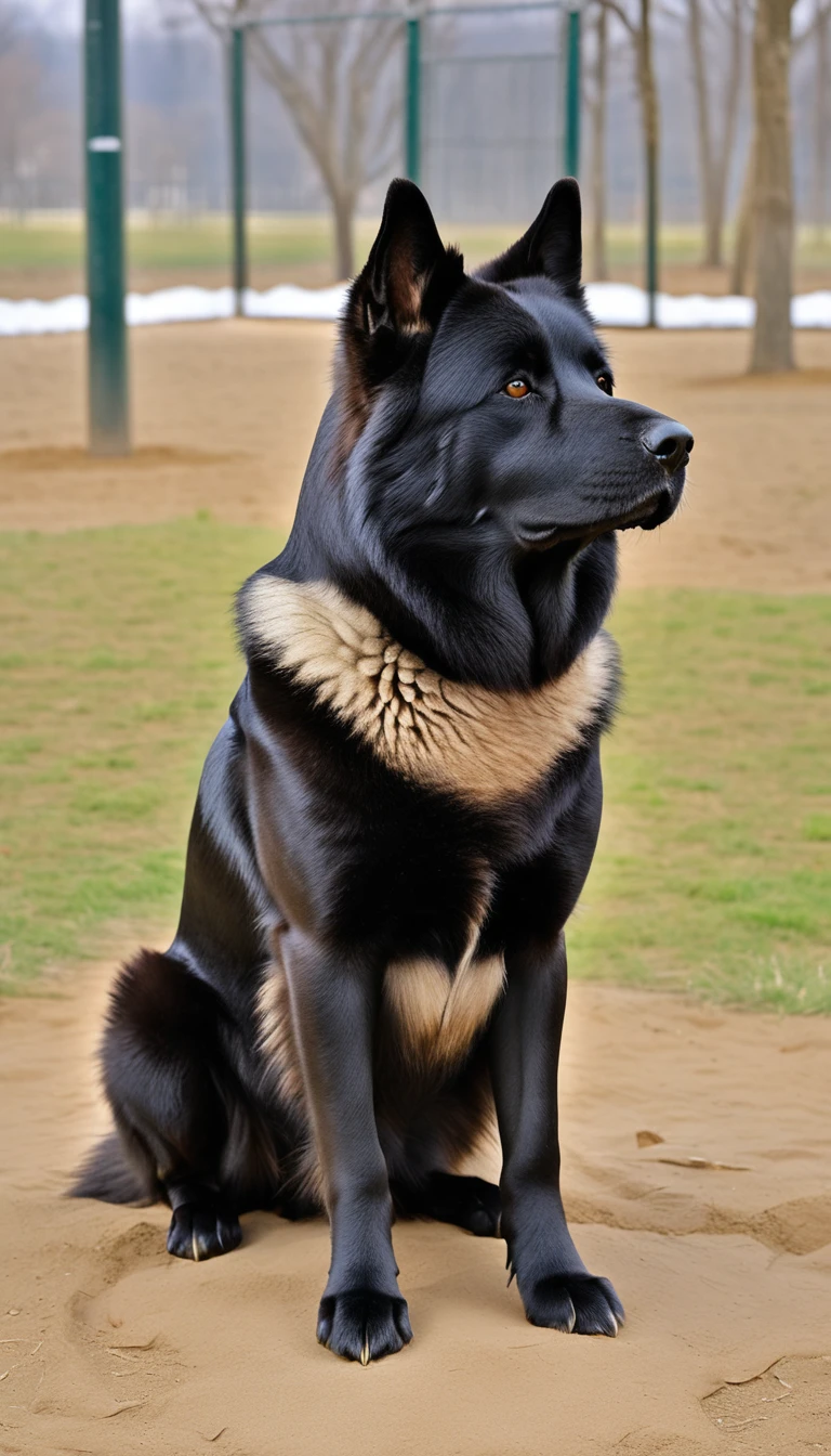 There is no one, realistic photo, photo realism, realism, Chikitatsu(Chinook), perfect composition, intricate details, Very sharp, masterpiece, profile, high resolution, looking at the viewer, Full body photo in the dog park