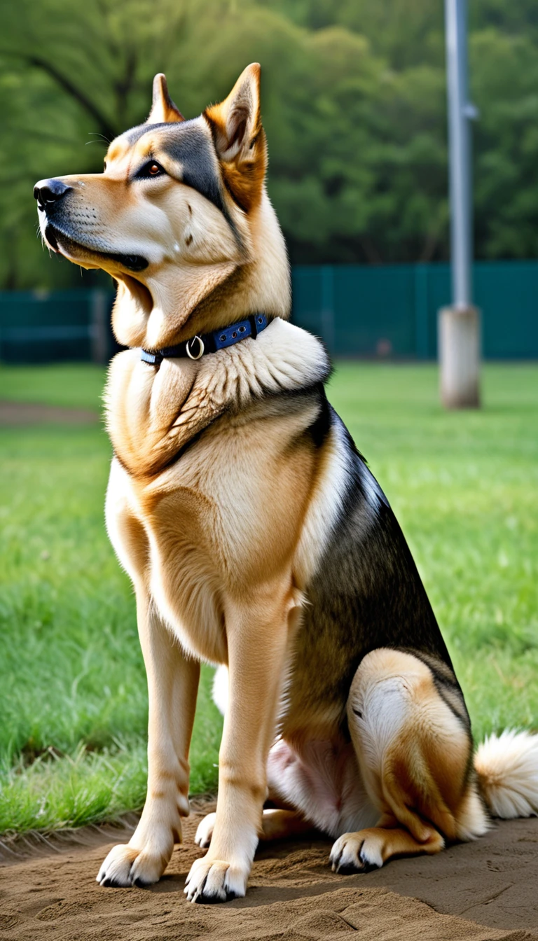 There is no one, realistic photo, photo realism, realism, Chikitatsu(Chinook), perfect composition, intricate details, Very sharp, masterpiece, profile, high resolution, looking at the viewer, Full body photo in the dog park