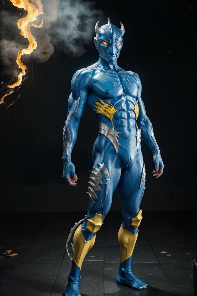 Ultraman, with a form like a monster with permission, in yellow,blue,and silver, then in the Color time section there is a claw symbol, his eye was crushed in one side, his spine sticks out, and the flesh on the stomach is slightly visible with hard muscles, then he has claws,  he was standing in the flames after defeating the monster