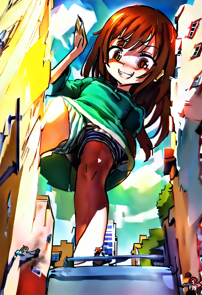 young giantess, one foot up, laughing, long brown hair and brown eyes, casual clothes, standing in a town, there are small houses around her, shes crushing the small houses, she having fun