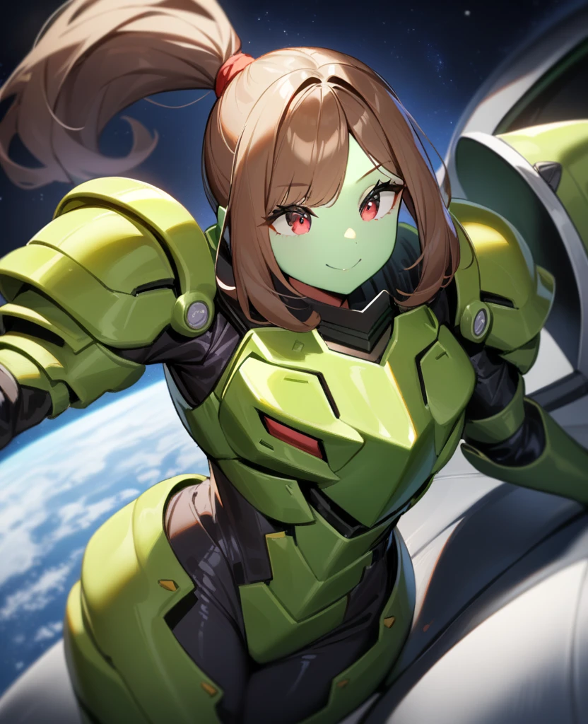 1girl,solo,red eyes,((brown hair:1.5)), bulky mismatched armor, green power armor,ponytail,((light green skin)),green chest armor,cowboy shot,in space ship,zero gravity,Science fiction,ultra-detailed,sharp focus,aesthetic,(best quality) smiling, purple halberd, giant woman