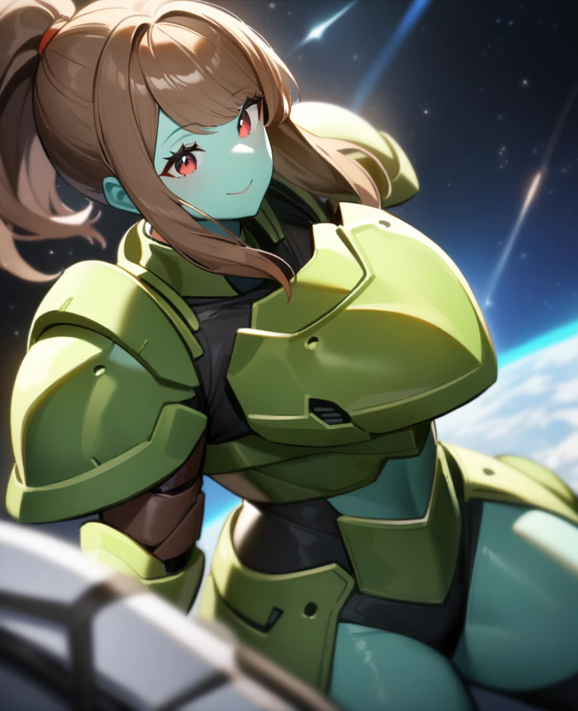 1girl,solo,red eyes,((brown hair:1.5)), bulky mismatched armor, green power armor,ponytail,((light green skin)),green chest armor,cowboy shot,in space ship,zero gravity,Science fiction,ultra-detailed,sharp focus,aesthetic,(best quality) smiling, purple halberd, giant woman