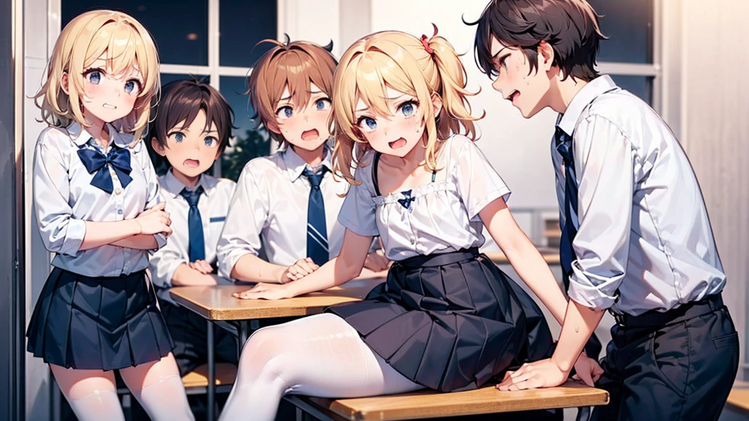 Highest quality,Highest quality,One Girl,One boy,((((10 years old)))),Flat Chest,orgasm,blush, Sweat, Sakurai Momoka,blonde,White Sarah Outfit,Navy Blue Skirt, It is not a pleated skirt,whole body,classroom, White Pantyhose、Navy Blue Skirtをめくる、Spread your legs