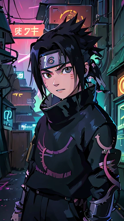 best quality,masterpiece,1boy,solo,(((13years old))),japanese boy,an extremely cute and handsome boy,highly detailed beautiful face and eyes,petit,cute face,lovely face,baby face,shy smile,show teeth, ,Black hair,flat chest,skinny,slender,(((Wearing a Sasuke Uchiha costume))),(((standing in Dark Midnight Neon Glow light Cyberpunk Konoha Village))),he is looking at the viewer,