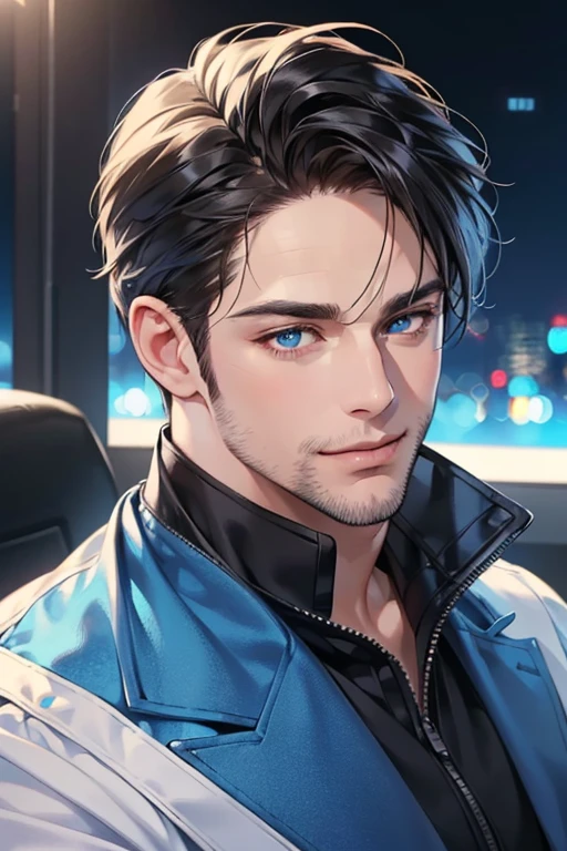 a handsome 35 year old man, 3 day beard, dark hair, sharp jawline, (mesmerizing blue eyes), perfectly styled hair, wearing cool anime outfitt, dynamic lighting, (CEO), (expression, smile in love), (best quality,4k,8k,highres,masterpiece:1.2),ultra-detailed,(realistic,photorealistic,photo-realistic:1.37)