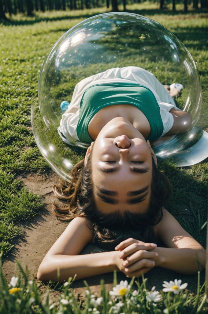 A girl lay on the ground she feel tired and sleepy while she play phone and she cover by the bubble, out side of the bubble is beautiful forest, green grass and plentiful of flower