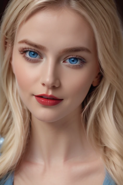 Beautiful blonde woman, with striking blue eyes and red lips. realistic photo, Masterpiece