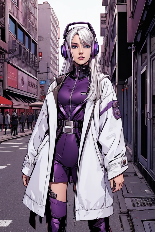 1 girl, White hair, long hair, technology masterpiece, best qualityer, realisitic, 真实感, dark purple jacket, portraite, detailedeyes, wearing headphone, Platinum hair,  21 years old, fashion pose, halfbody, wide footage, in street, cyber punk