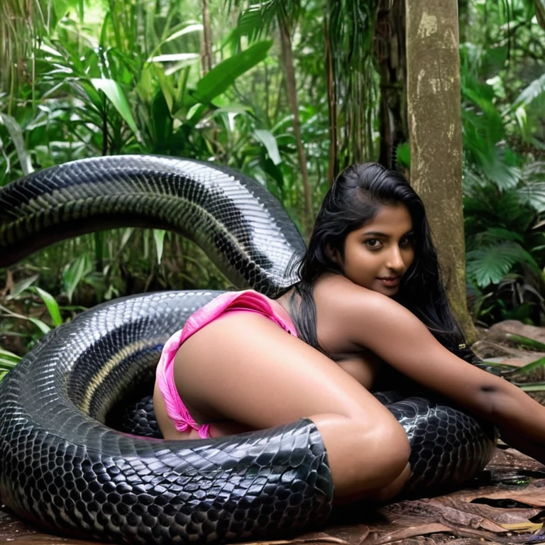Topless pink thong wearing aroused horny beautiful happy Indian teen vs Giant colossal black anaconda monster wrapped around her body squeezing her in coiled embrace cuddling and kissing sexual erotic bestiality sex realistic in the rainforest full body, best quality wet
