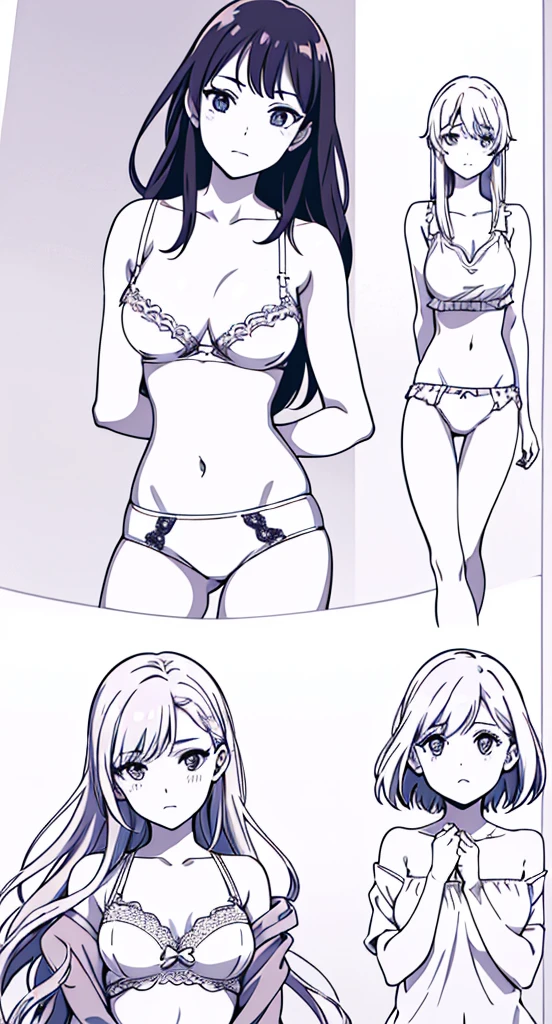 a few cartoon images of the same female character that i'm not sure what this is, a young girl touching her stomach and her breasts, a collection of sketches of several women, two pages show a woman in underwear next to another girl wearing a thongy panties