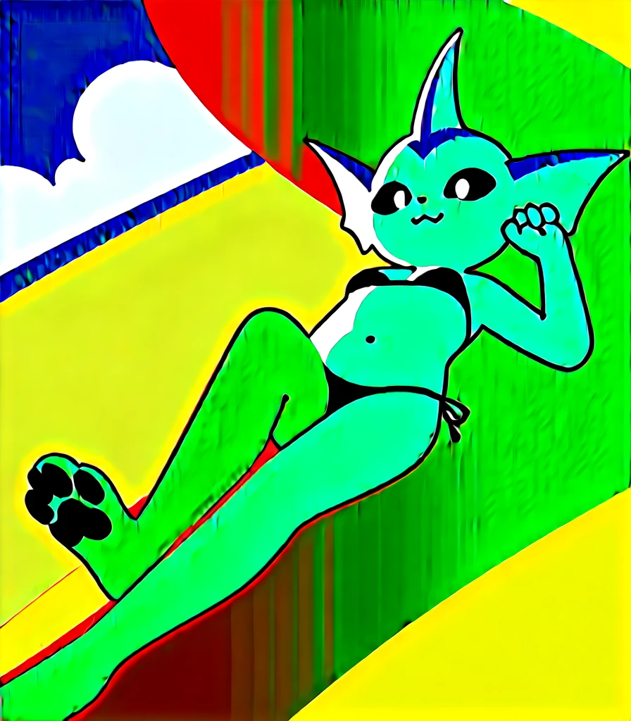 Solo, score_9,score_8_up,score_7_up, source_furry, an Anthro furry vaporeon girl, black sclera, white eyes, tall slender body, perfect body, bald, , hourglass figure, wearing black string bikini, outdoors at a sunny beach, grinning, lying on her back on the sand, legs up, playful pose, feet paws, 4 toes, black paw pads, on a sandy beach, grinning, front view