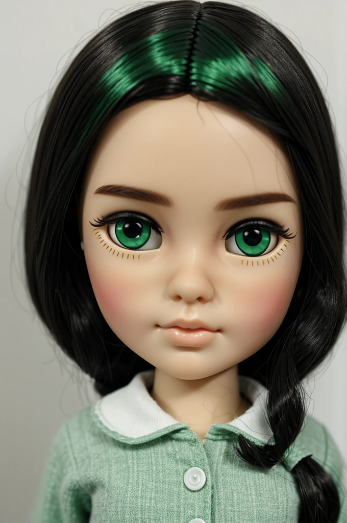 You can create a white blythe doll, black hair, micro bang and green eyes?