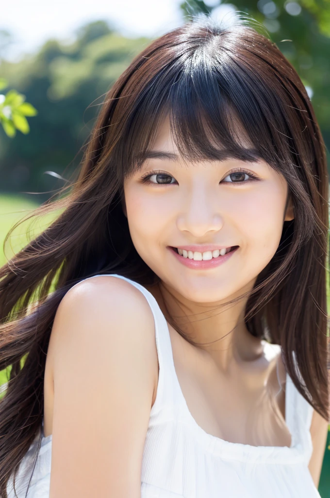 ((Highest quality)), ((masterpiece)), (detailed), Japanese, Age 25, Beauty, Front face, sexy,Face close-up,smile,Long Black Hair、With bangs、White dress