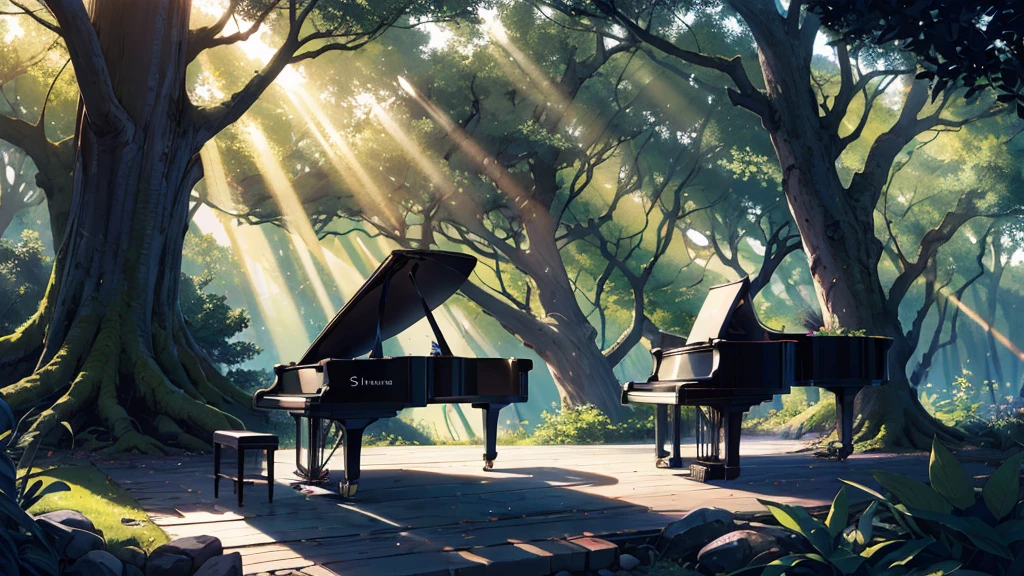 A grand piano placed in front of a large tree、The sunlight filtering through the trees sparkles、Soft Light、There is no one、Only one grand piano、Shinkai Seikaze illustration、A 1000-year-old tree