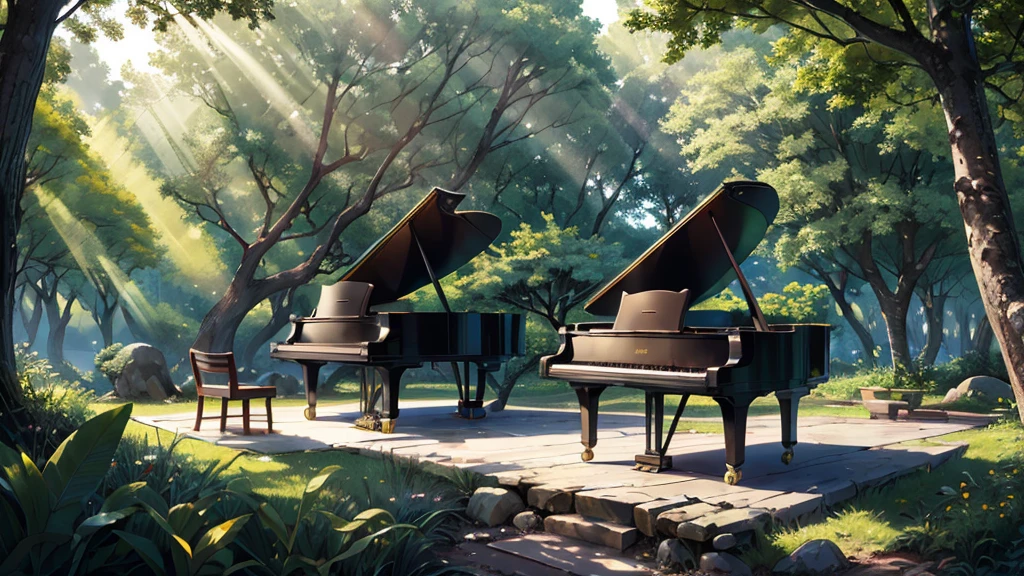 A grand piano placed in front of a large tree、The sunlight filtering through the trees sparkles、Soft Light、There is no one、Only one grand piano、Shinkai Seikaze illustration、A 1000-year-old tree