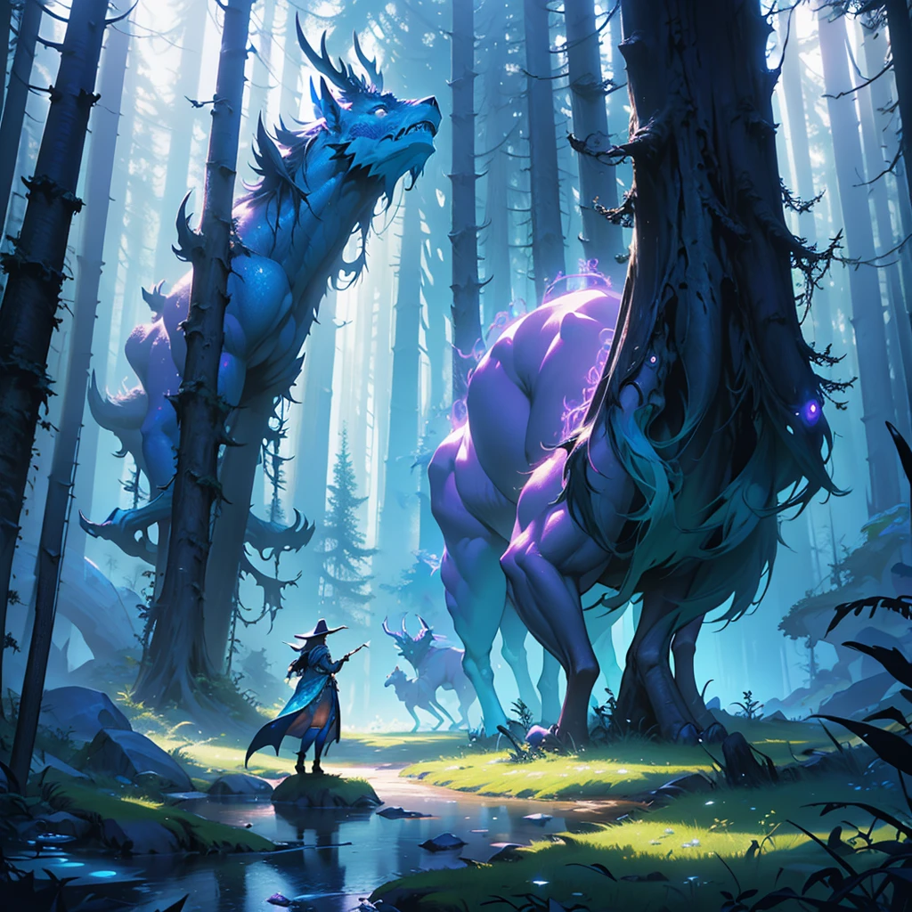 A wizard visiting an enchanted forest with mythological and fantastic creatures, detailed fantasy landscape, vibrant colors, cinematic lighting, intricate fantasy art, highly detailed, 8k, masterpiece, hyper realistic, dramatic lighting, magical atmosphere, dramatic poses, digital art, concept art