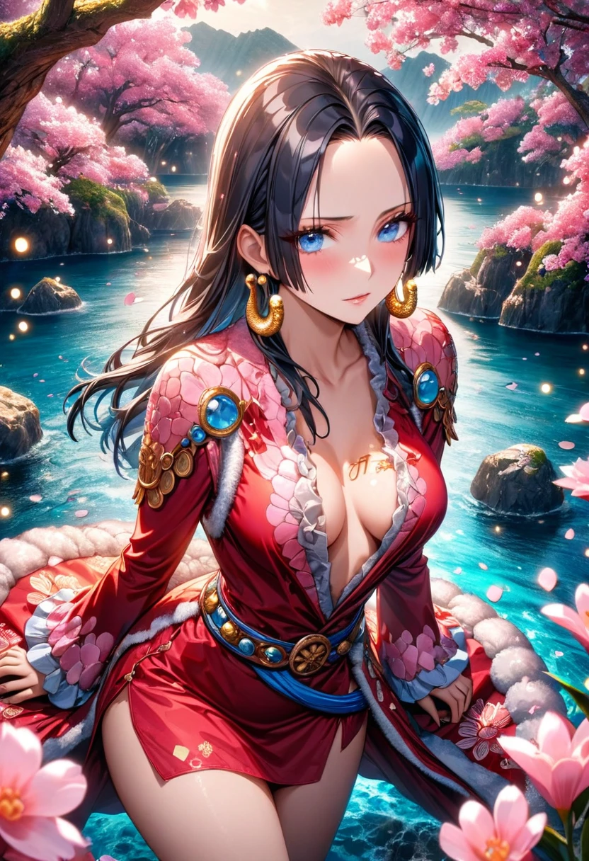 Ultra detailed, highres, absurdres, HDR, master piece, Boa Hancock, long black hair, without bangs, expressive light blue eyes, One Piece, fantasy, pink petals, pink flowers, water, extremely beautiful, sexy woman, solo, best quality, blossoms, blue shining fireflies, red dress, the word "Krozseria" is written on her shirt, island, golden earrings