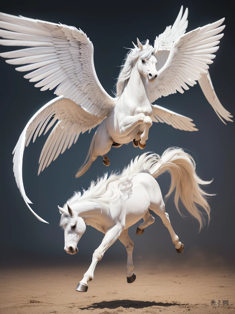 (((Highest quality, masterpiece, Ultra-high resolution, RAW Photos, 非常にdetailed, Perfect Anatomy, Pure White Pegasus,Pegasus has four legs,Pegasus has one head and one neck ,Pegasus has one feather on each side,Pegasus is pure white and has long wings..,Pegasus spreads his wings and is about to take flight:1.5,Full body photo,)))((Highest quality)), ((masterpiece)), (detailed), A pure white Pegasus is about to take flight,powerful