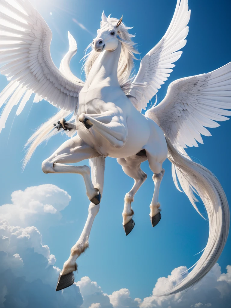 (((Highest quality, masterpiece, Ultra-high resolution, RAW Photos, 非常にdetailed, Perfect Anatomy, Pure White Pegasus,Pegasus has four legs,Pegasus has one head and one neck ,Pegasus has one feather on each side,Pegasus is pure white and has long wings..,Pegasus spreads his wings and is about to take flight:1.5,Full body photo,)))((Highest quality)), ((masterpiece)), (detailed), A pure white Pegasus is about to take flight,powerful