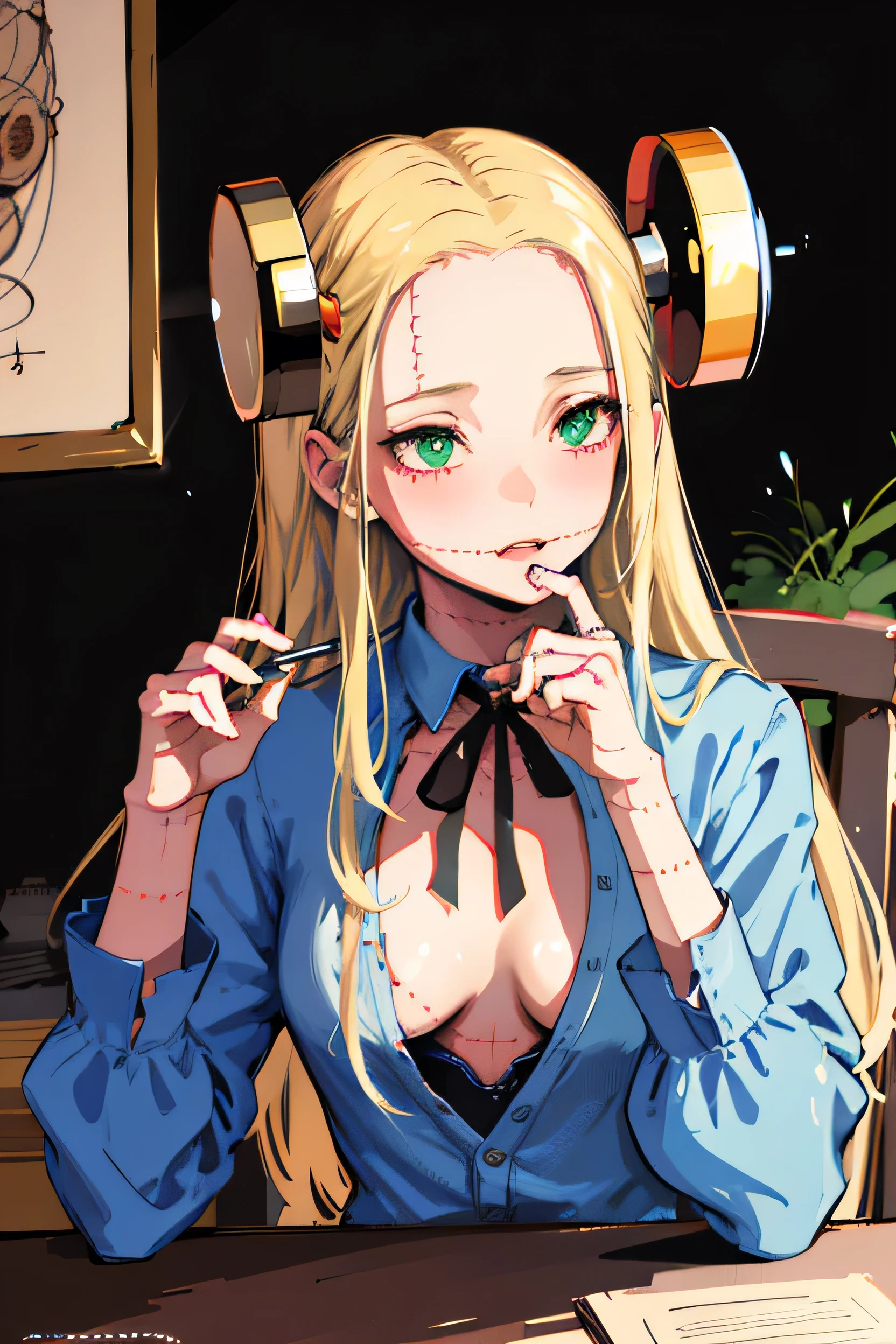 ((masterpiece, Highest quality)), (One girl), (alone), (Focus on women), (Ash Blonde Hair, Long Hair, Hair on one eye), Green Eyes, Lonely Eyes, Cold look, Cold look, Pale skin, Color Grading, Dark illustration, Superior quality, Shine, Very detailed, ultra-Detailed face, Ultra HD 8K, Ultra-digital, Mythical, Dark lightning, Perfect Face, beautiful, (Perfect composition: 1. 4), Detailed face and body, Award-winning photography , fields, Detailed face, Fine hand, Looking at the audience, Cinematic Lighting, embers, (Necromancer), (Villain), (masterpiece, Highest quality, Super detailed, Best Shadow), (beautiful Detailed face, Feminine characteristics), (Best lighting), ((Cinematic Light)), colorful, Hyper Detail, Dramatic Light, Intricate details, (Dark circles under the eyes), Gothic, Decadence, amazing, Creepy, (Madaragi Fran), Cleavage, Medium chest, Let go of my chest, (blush:1.1), Cleavage, Open clothes, Leaning forward,