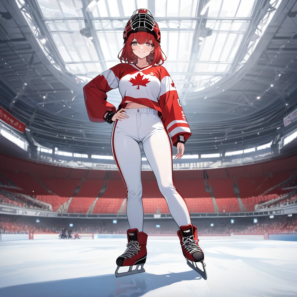 Woman wearing a red shirt with the symbol of the Canadian flag, white pants, long red hair, silver eyes, smiling, full breasts, bangs over her eyes, wearing a red ice hockey uniform, wearing an ice hockey bracelet, hockey helmet on the ice, white pants, in an ice hockey stadium, full body, standing posture on the ice rink, ultra resolution, clear, masterpiece, 8K HD (woman solo)

