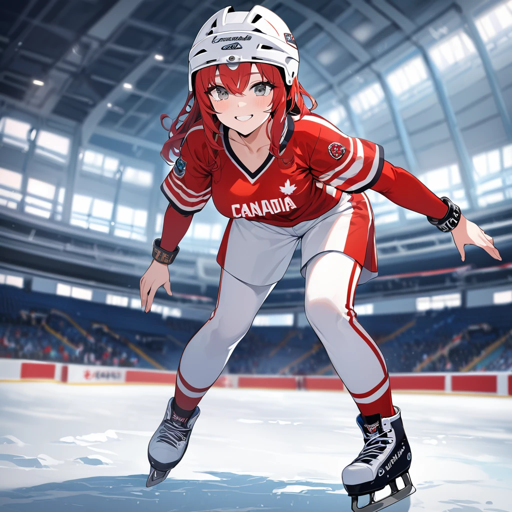 Woman wearing a red shirt with the symbol of the Canadian flag, white pants, long red hair, silver eyes, smiling, full breasts, bangs over her eyes, wearing a red ice hockey uniform, wearing an ice hockey bracelet, hockey helmet on the ice, white pants, in an ice hockey stadium, full body, standing posture on the ice rink, ultra resolution, clear, masterpiece, 8K HD (woman solo)
