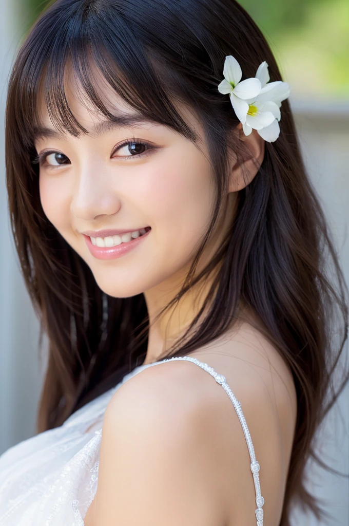 ((Highest quality)), ((masterpiece)), (detailed), Japanese, Age 25, Beauty, Front face, sexy,Face close-up,smile,Long Black Hair、With bangs、White dress