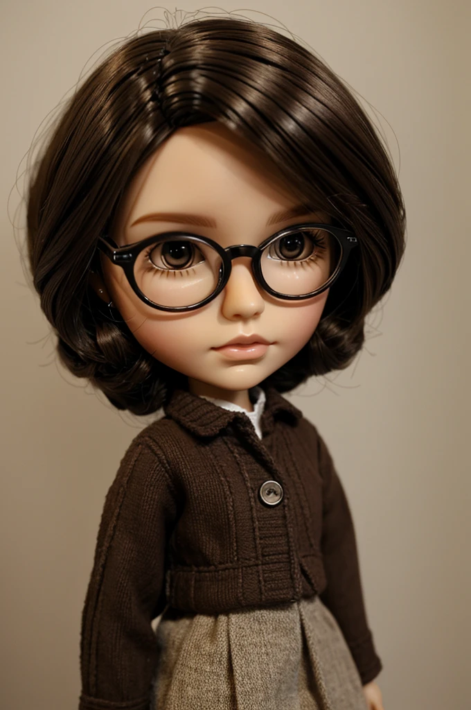 blythe doll with glasses, short brown hair with dark skin