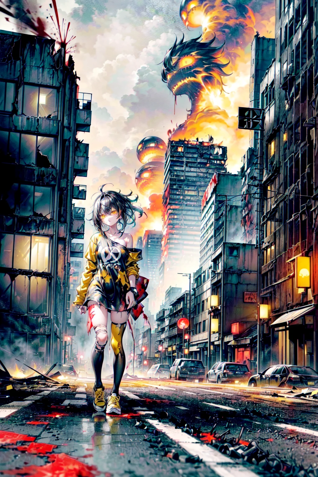 ((1 GIRL)) ((2d anime girl)), ((Japanese)) 18-year-old, ((2d anime girl)), ((dark-haired)), ((windswept hair)) ((ultra high quality)) ((4k UHD)) ((Best Quality)) ((Daytime)) ((yellow glowing eyes)), wearing a ((black long sleeve shoulderless T-shirt)) sweatshirt with the slogan (("Kaiju")) in white letters, wearing jeans and black and yellow sneakers with (((blood splattered))) on it and her face, standing in the street of a ((ruined city)) filled with ((heavily damaged)) and dilapidated (( tall skyscrapers with holes in them on fire)) and ((crushed vehicles on fire)) and small and ((raging fires all around)) and an ((angry)) ((Intimidating)) expression, standing on a giant monstrous footprint in the ground.