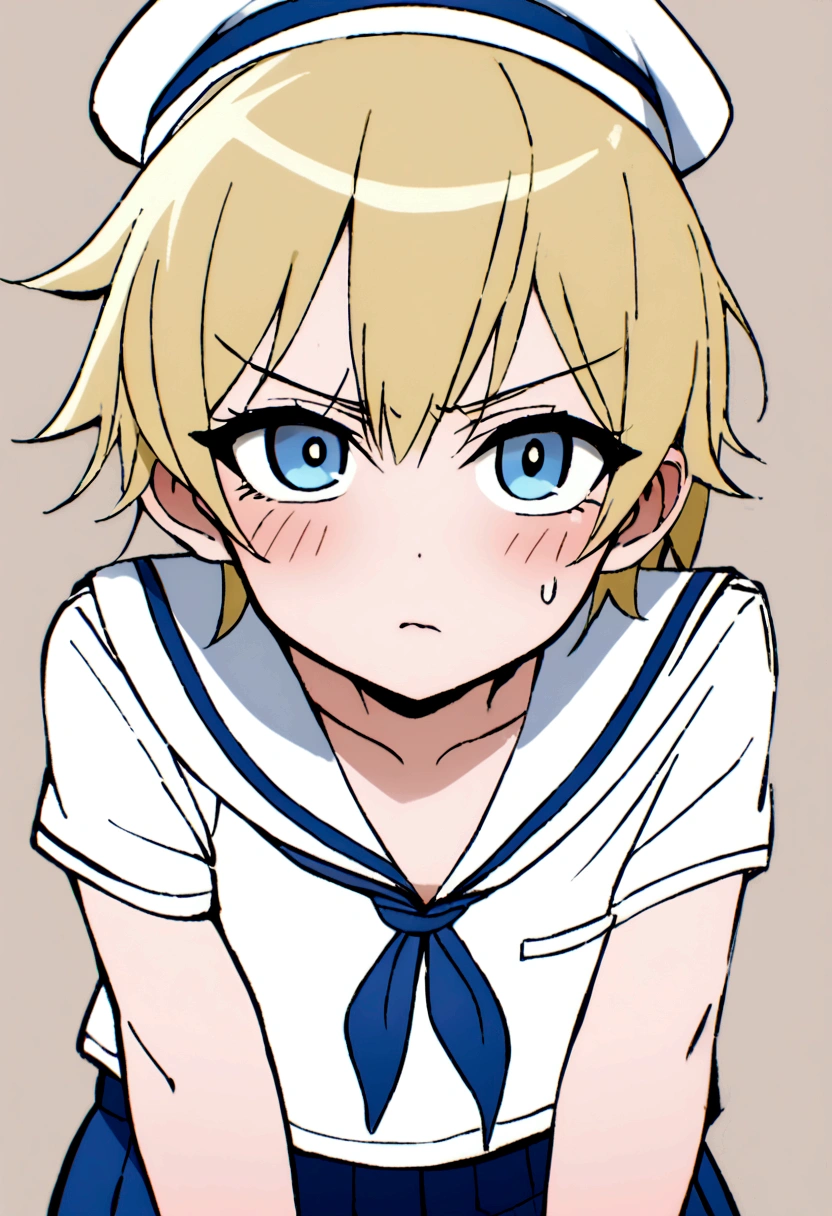 Blonde,wolf cut. Shota, sailor suit, sailor hat, blue eyes, tomboy, Naughty