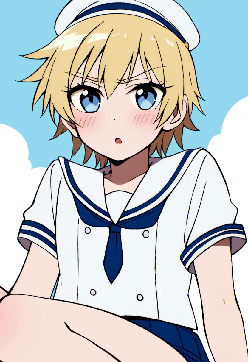 Blonde,wolf cut. Shota, sailor suit, sailor hat, blue eyes, tomboy, Naughty
