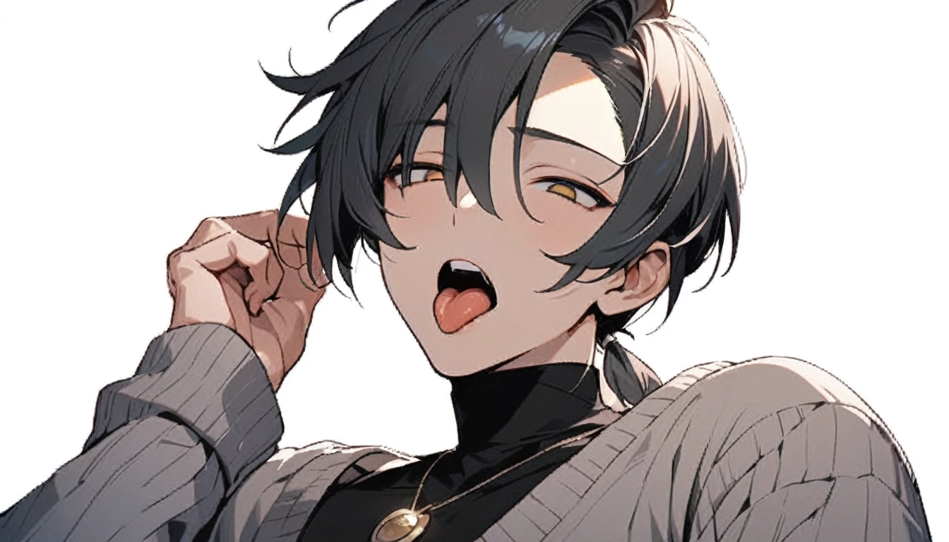 ((((best masterpiece, best quality, wallpaper,)))) solo, guy, male body, small muscles, flat chest, 1male, 30 years old, handsome man, dramatic angle, upper body, looking at viewers, beautiful detailed, tongue out, mediumturquoise hair, ((((Lower short ponytail)))), asymmetrical bangs, ((short hair,)) ((perfect hands,)) blush stickers, ((( jitome, gold eyes, ^o^, tareme, droopy eyes,))) (((perfect face, extremely detailed eyes,))) perfect hands, sharp nose, clear face, black turtleneck, grey cardigan, ((silver piercing, pendant,)) leggings, pink background color ultrasharp, 8K, masterpiece,