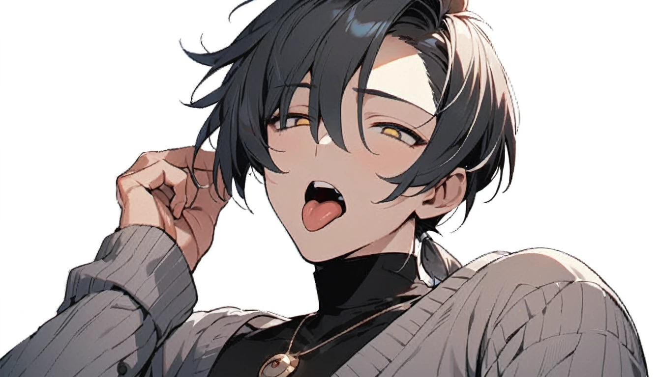 ((((best masterpiece, best quality, wallpaper,)))) solo, guy, male body, small muscles, flat chest, 1male, 30 years old, handsome man, dramatic angle, upper body, looking at viewers, beautiful detailed, tongue out, mediumturquoise hair, ((((Lower short ponytail)))), asymmetrical bangs, ((short hair,)) ((perfect hands,)) blush stickers, ((( jitome, gold eyes, ^o^, tareme, droopy eyes,))) (((perfect face, extremely detailed eyes,))) perfect hands, sharp nose, clear face, black turtleneck, grey cardigan, ((silver piercing, pendant,)) leggings, pink background color ultrasharp, 8K, masterpiece,