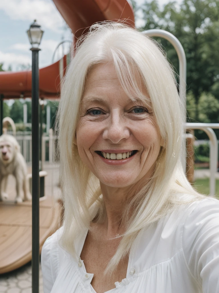A realistic, photorealistic image of Felicidad, (an 80-year-old Finnish woman), (((white blonde and medium length hair))), smiling and seducing, ((taking a selfie outside a playground and zoo in Switzerland)), (((round face))), (medium straight hair), ((wearing blouse)), ((visible breastbones)), (((slim))), ((thin hairline))